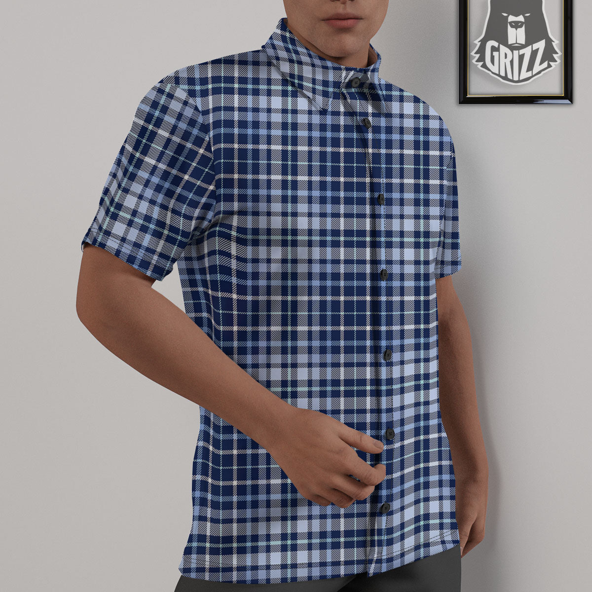 Border Tartan Blue Print Pattern Untucked Shirts-grizzshop