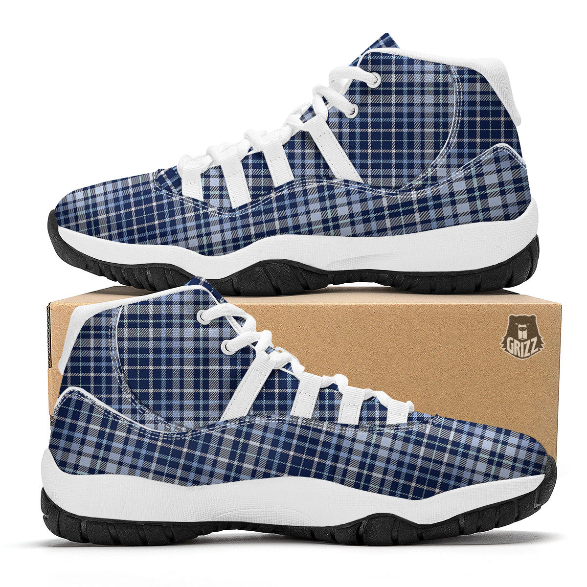 Border Tartan Blue Print Pattern White Bball Shoes-grizzshop