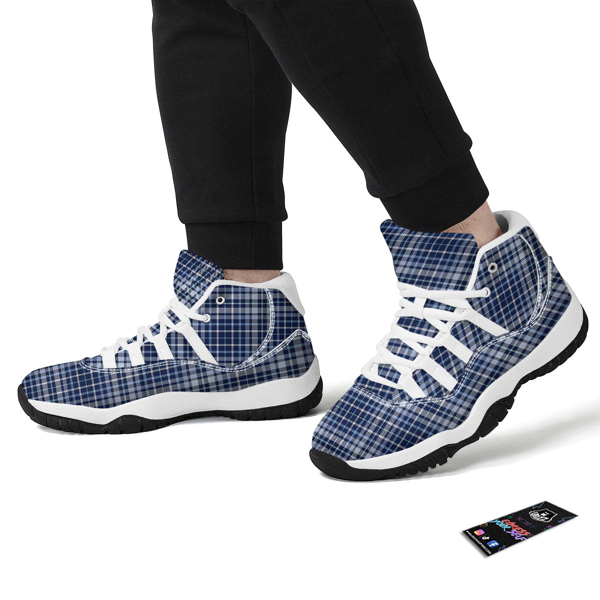 Border Tartan Blue Print Pattern White Bball Shoes-grizzshop