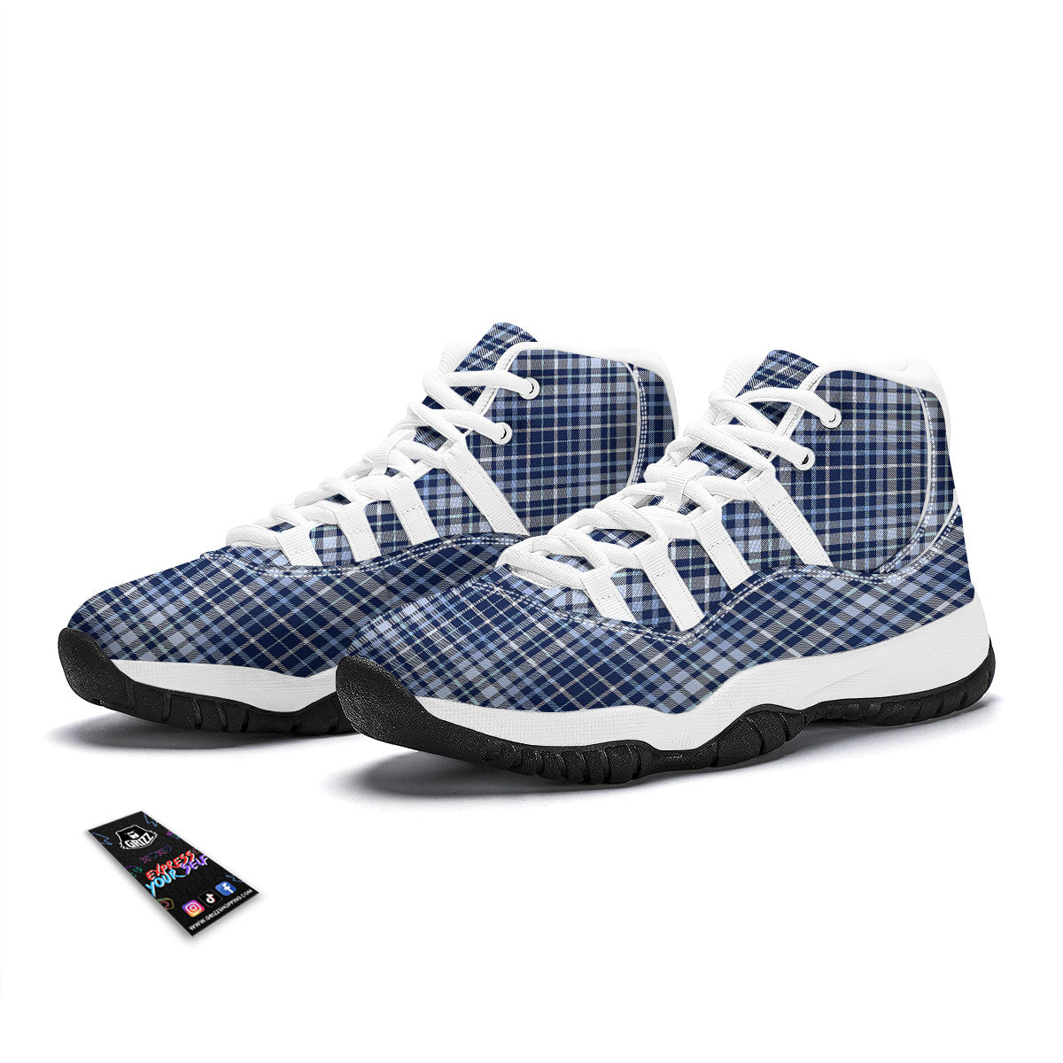 Border Tartan Blue Print Pattern White Bball Shoes-grizzshop