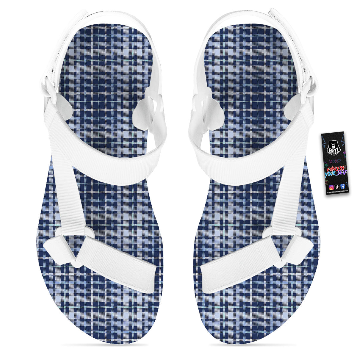 Border Tartan Blue Print Pattern White Open Toe Sandals-grizzshop