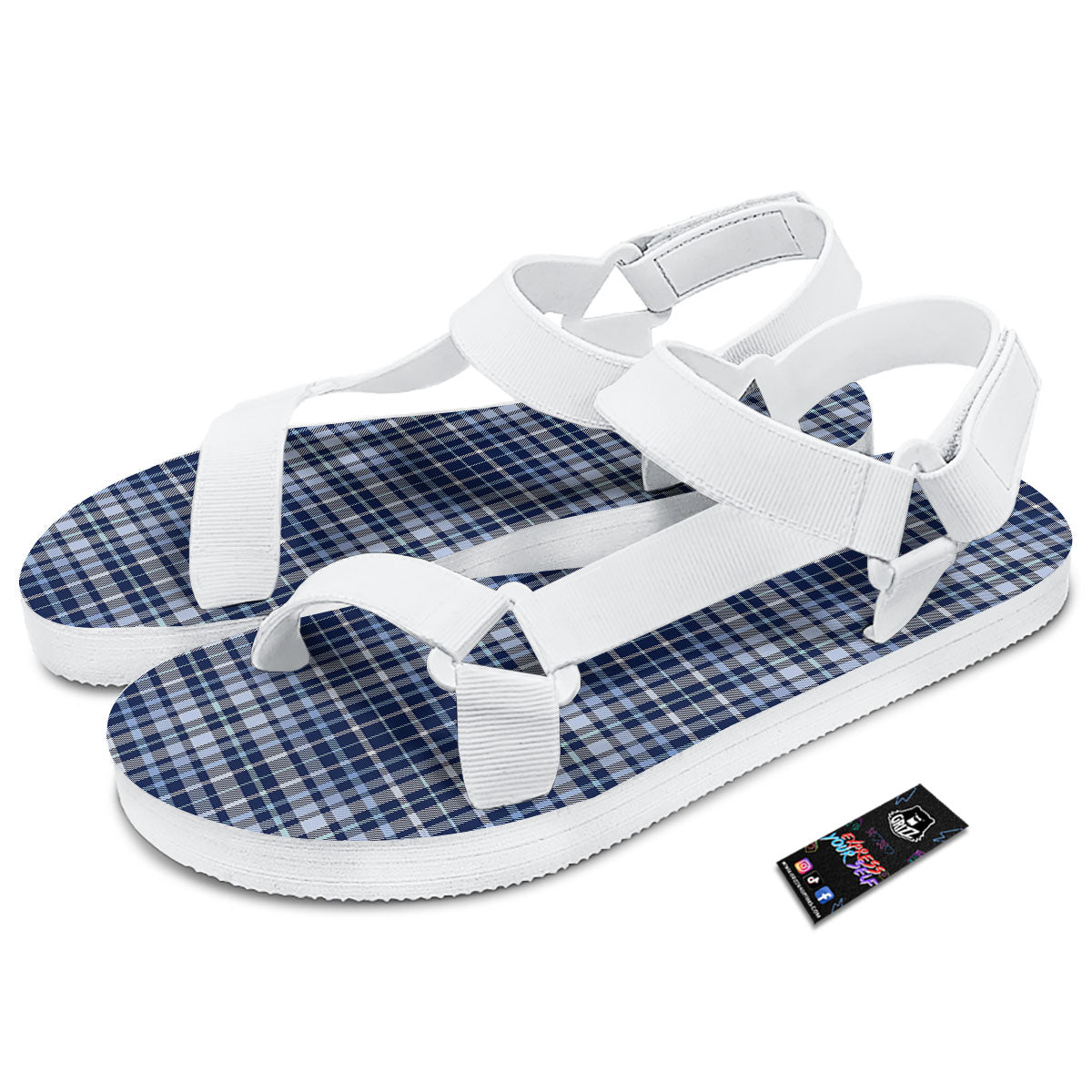Border Tartan Blue Print Pattern White Open Toe Sandals-grizzshop