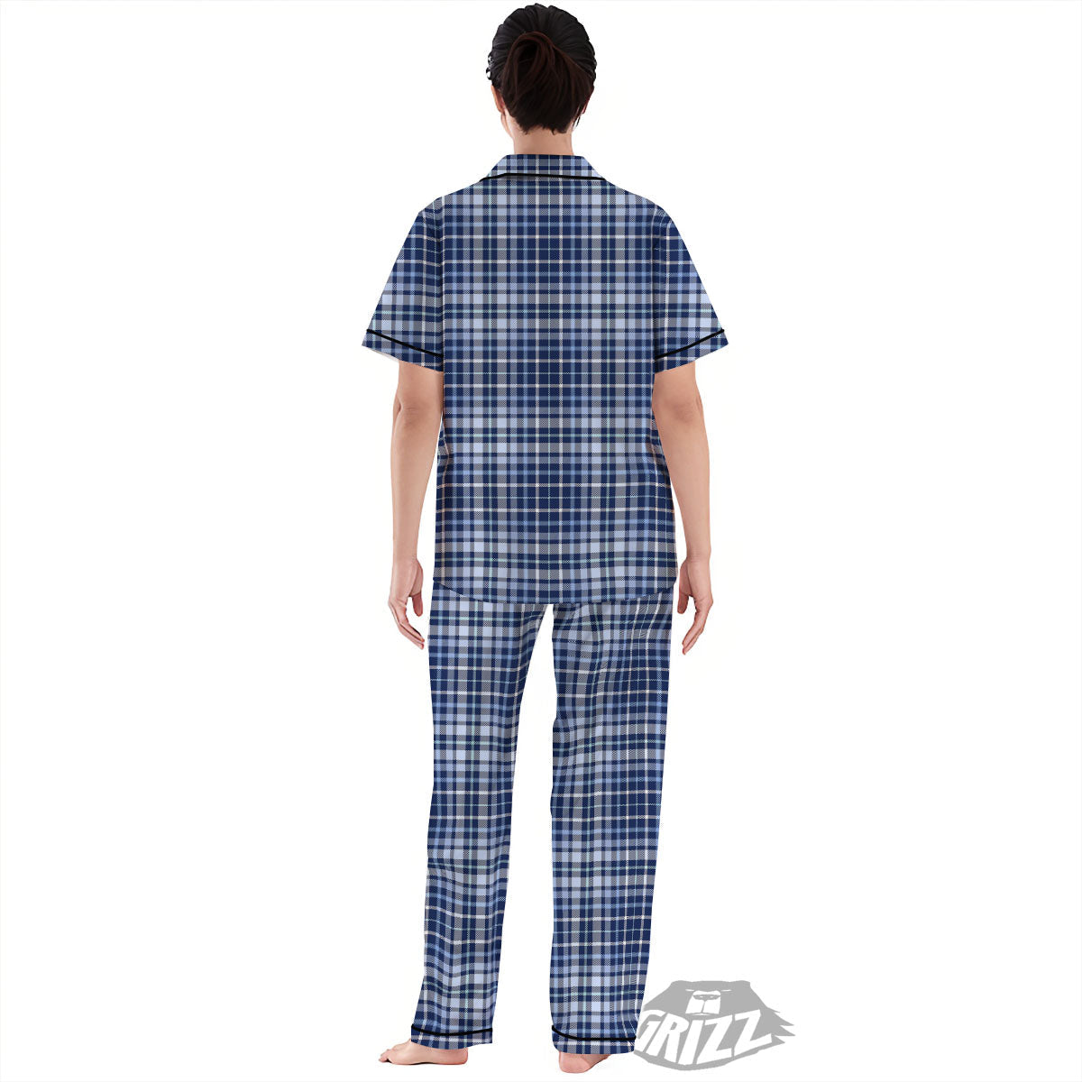 Border Tartan Blue Print Pattern Women's Pajamas Set-grizzshop