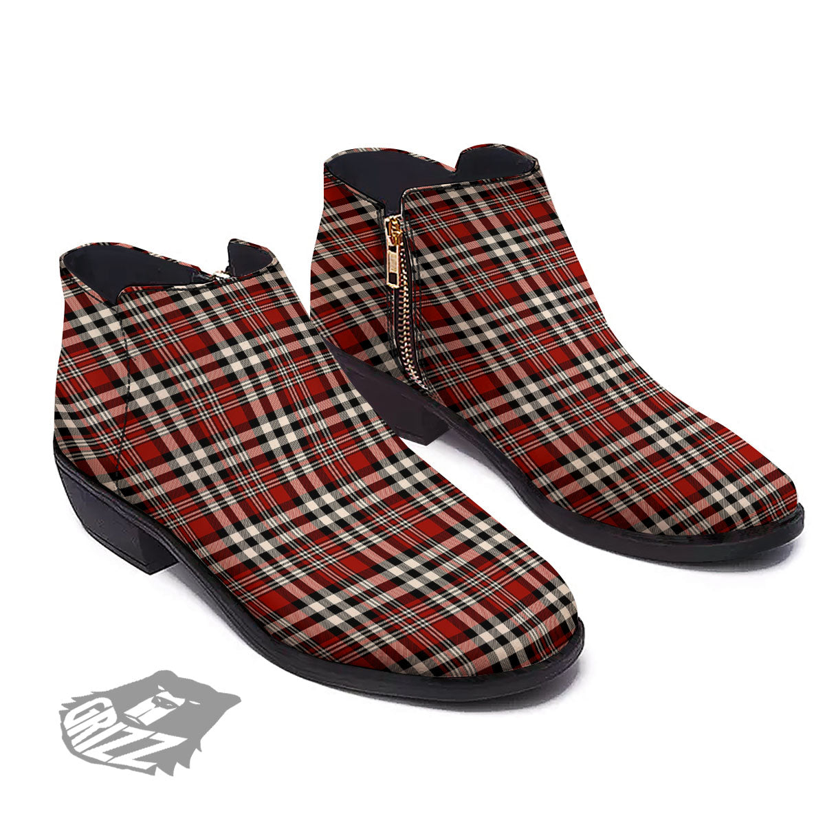 Border Tartan Red Black And White Print Pattern Ankle Boots-grizzshop