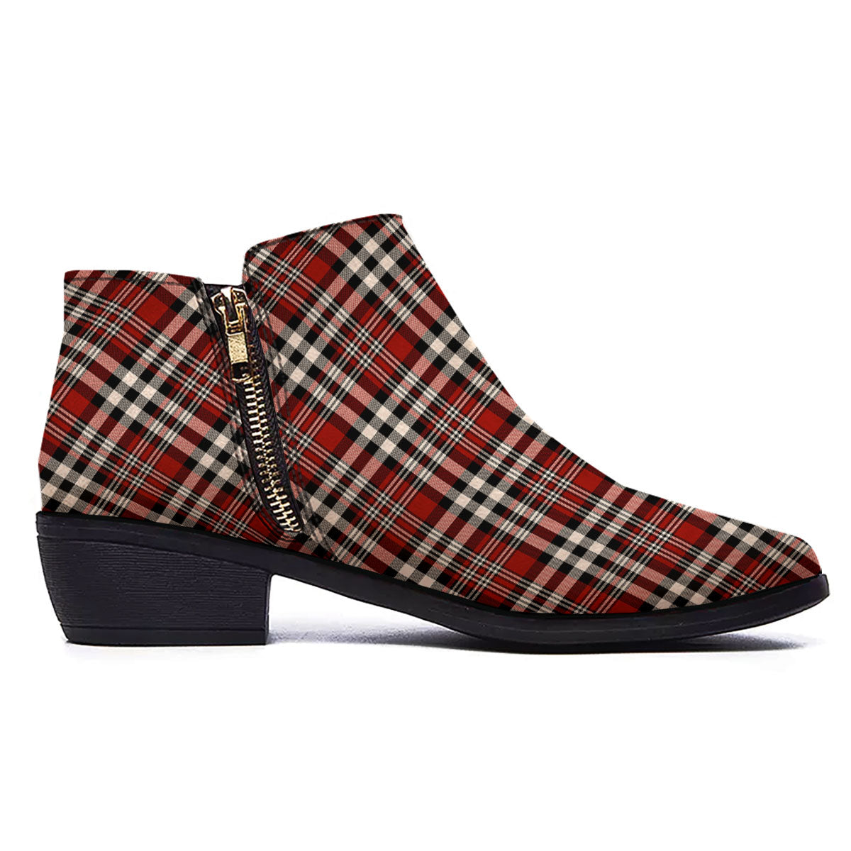 Border Tartan Red Black And White Print Pattern Ankle Boots-grizzshop