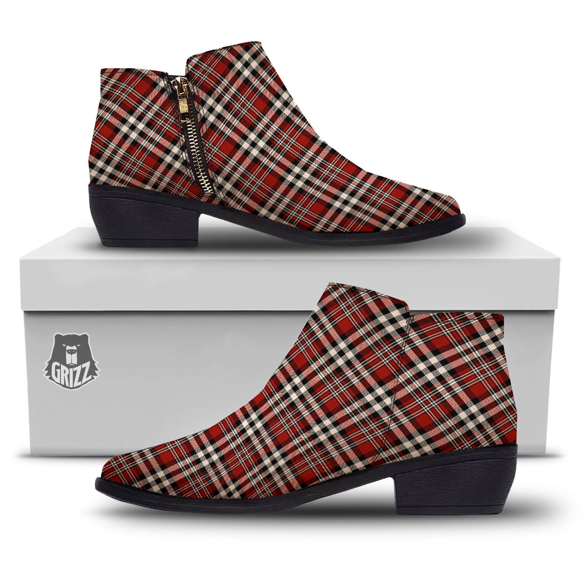 Border Tartan Red Black And White Print Pattern Ankle Boots-grizzshop