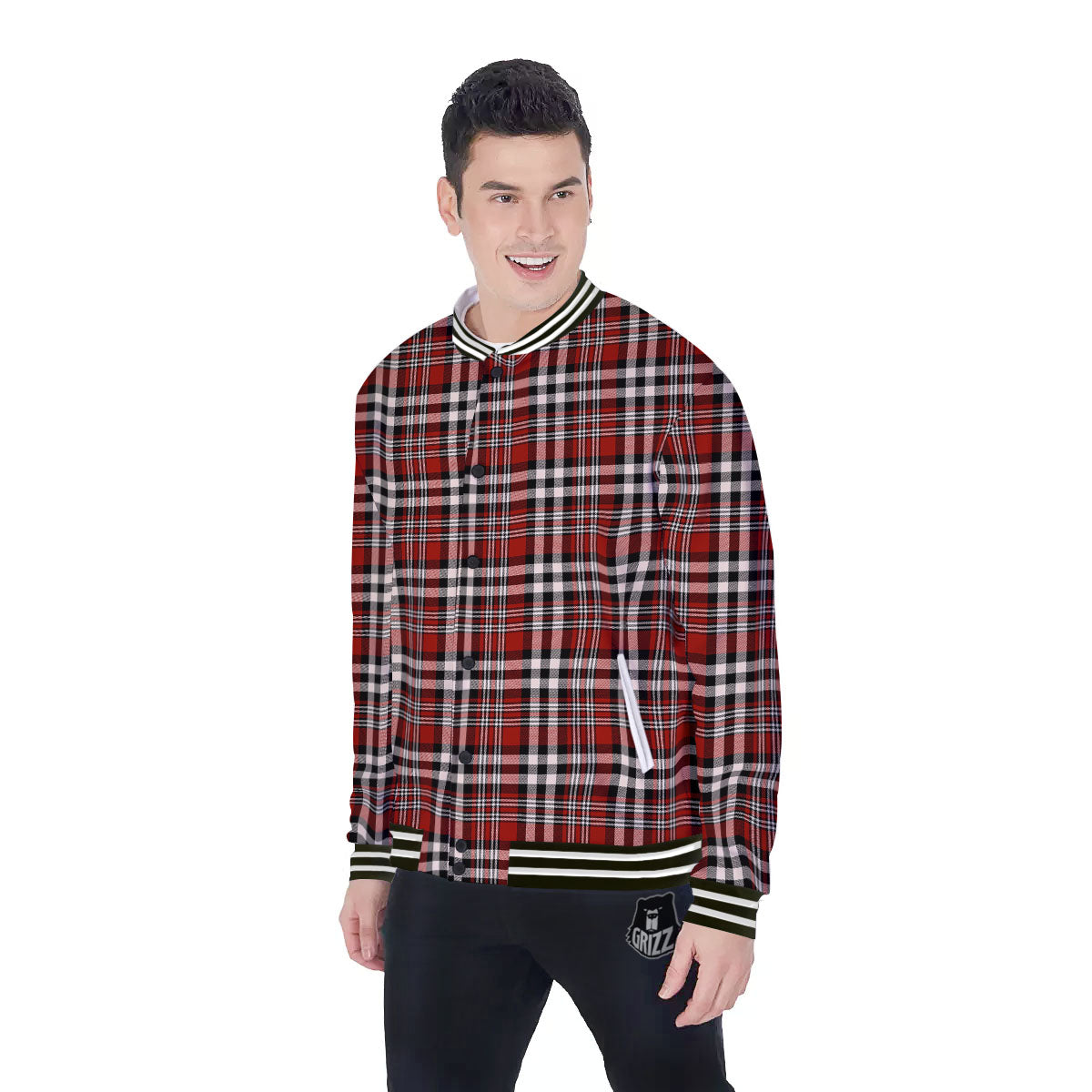 Border Tartan Red Black And White Print Pattern Baseball Jacket-grizzshop