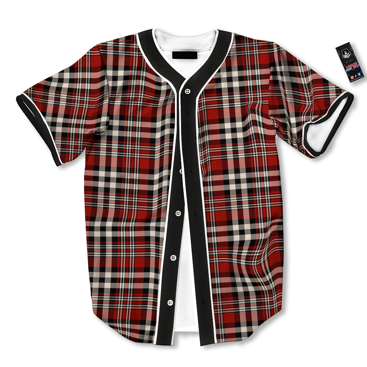 Border Tartan Red Black And White Print Pattern Baseball Jersey-grizzshop