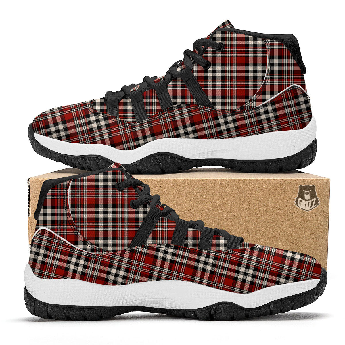 Border Tartan Red Black And White Print Pattern Black Bball Shoes-grizzshop