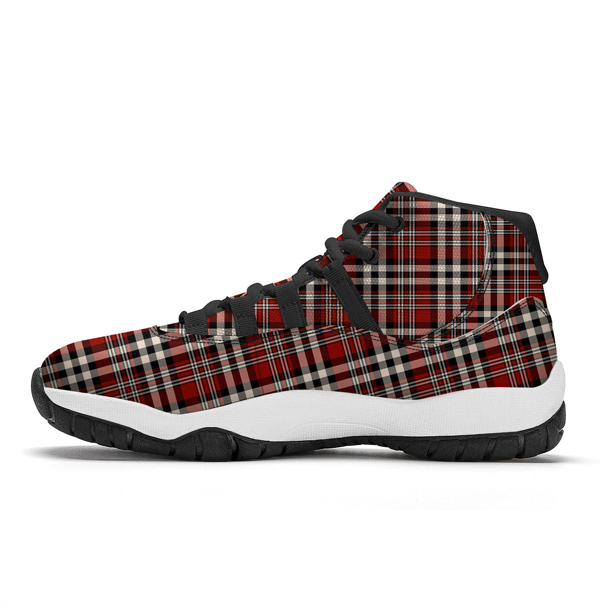 Border Tartan Red Black And White Print Pattern Black Bball Shoes-grizzshop