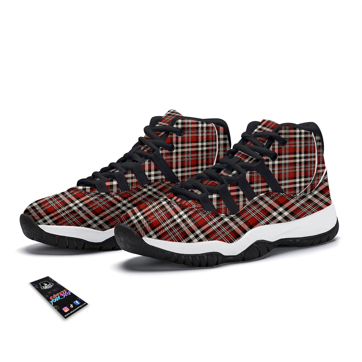 Border Tartan Red Black And White Print Pattern Black Bball Shoes-grizzshop