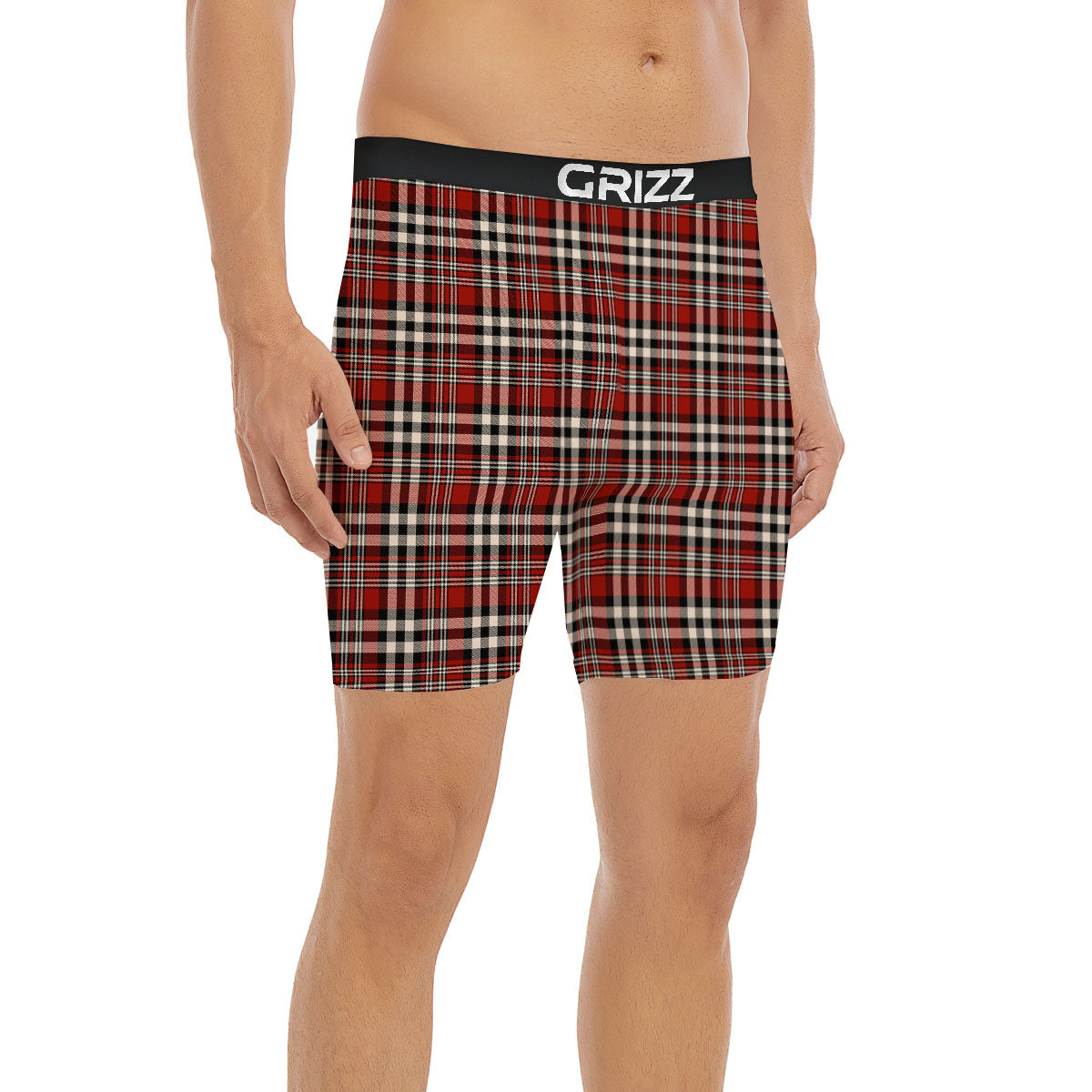 Border Tartan Red Black And White Print Pattern Boxer Briefs-grizzshop