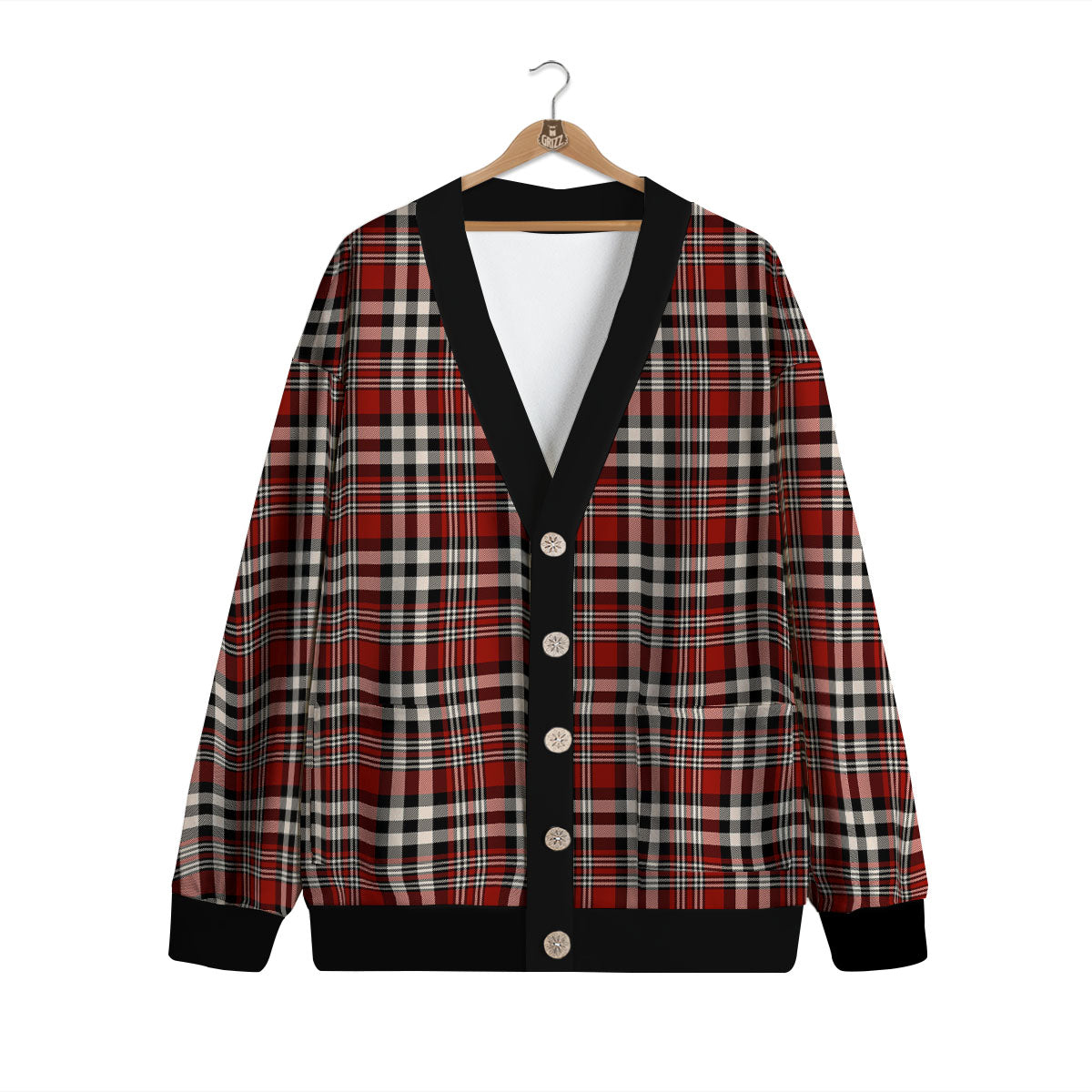 Border Tartan Red Black And White Print Pattern Cardigan-grizzshop