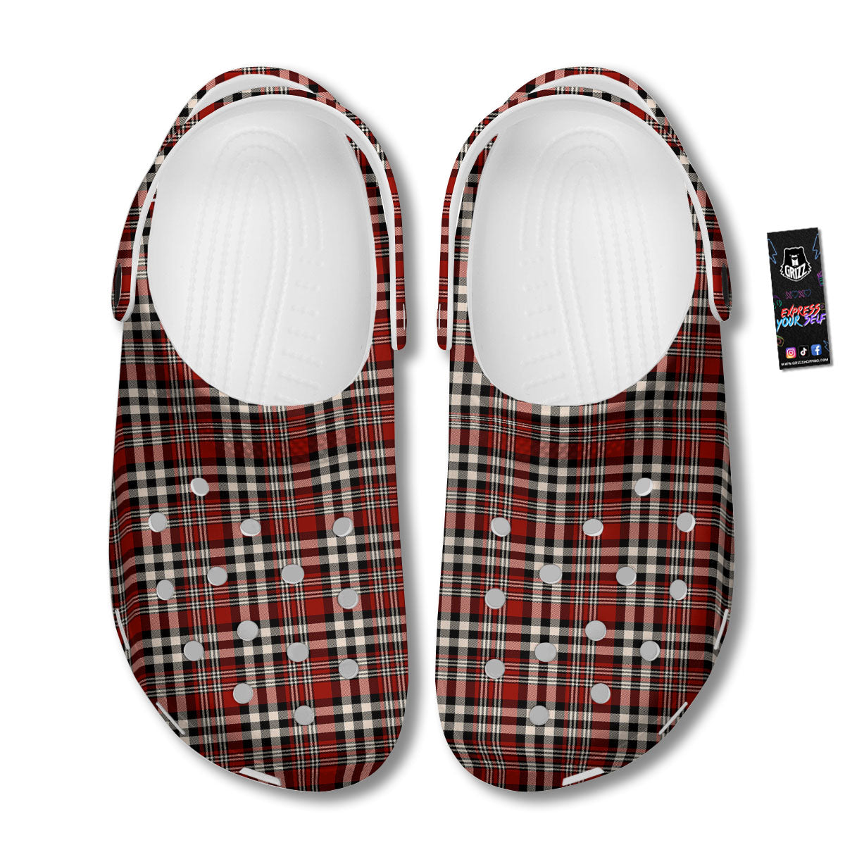 Border Tartan Red Black And White Print Pattern Clog-grizzshop