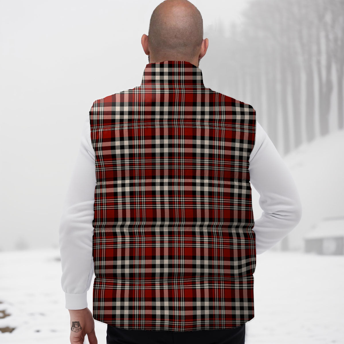 Border Tartan Red Black And White Print Pattern Down Vest