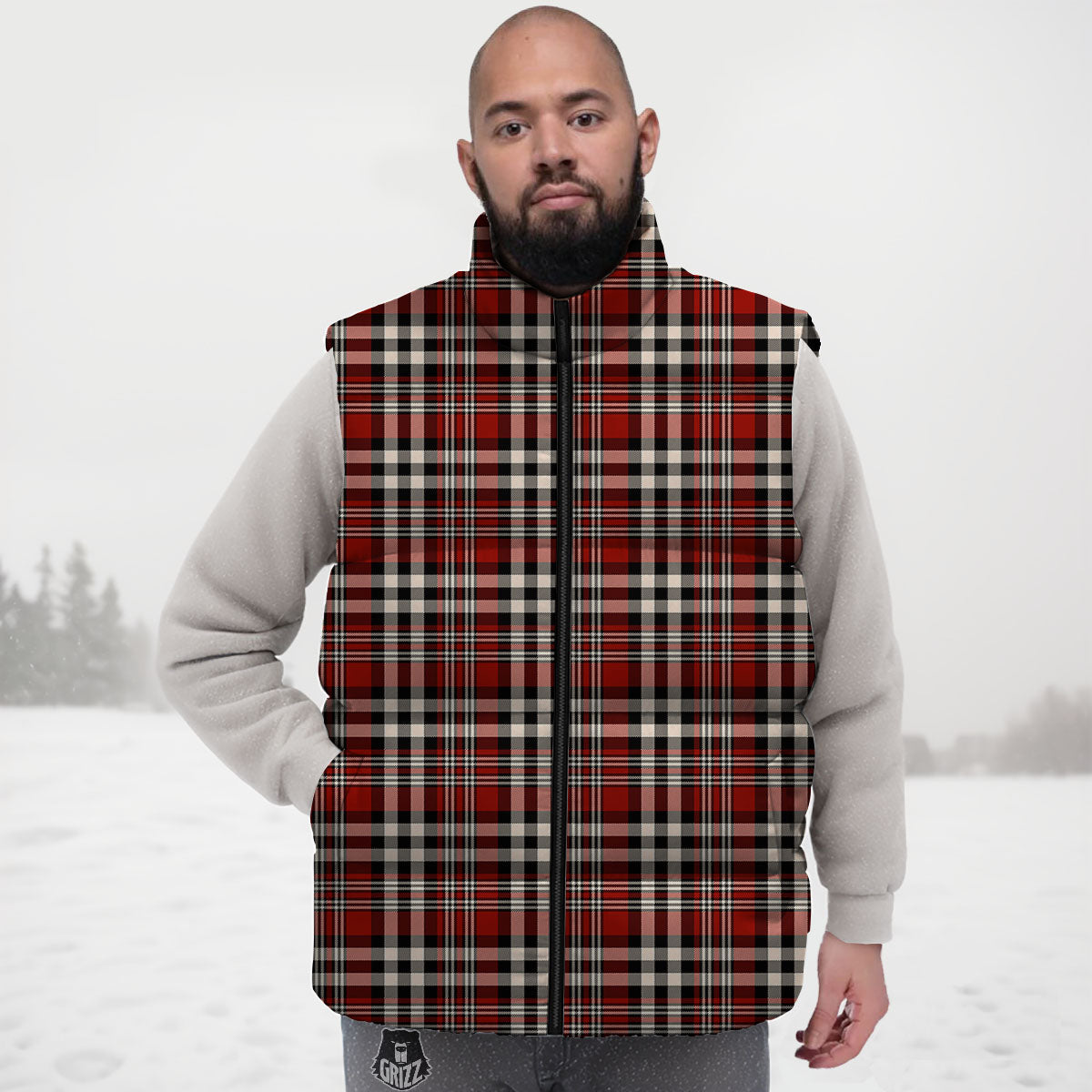 Border Tartan Red Black And White Print Pattern Down Vest