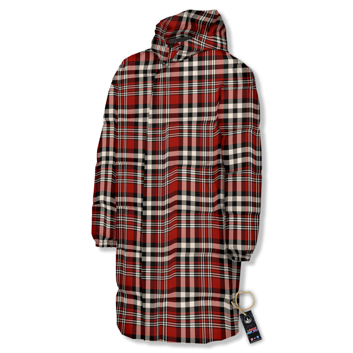 Border Tartan Red Black And White Print Pattern Long Down Jacket-grizzshop