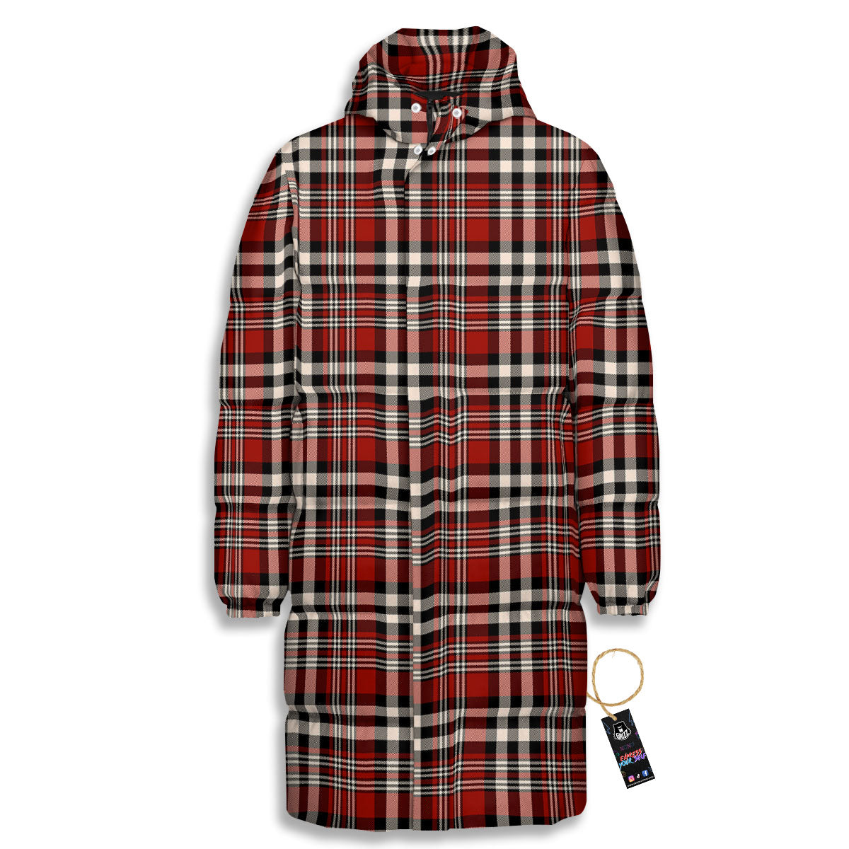 Border Tartan Red Black And White Print Pattern Long Down Jacket-grizzshop