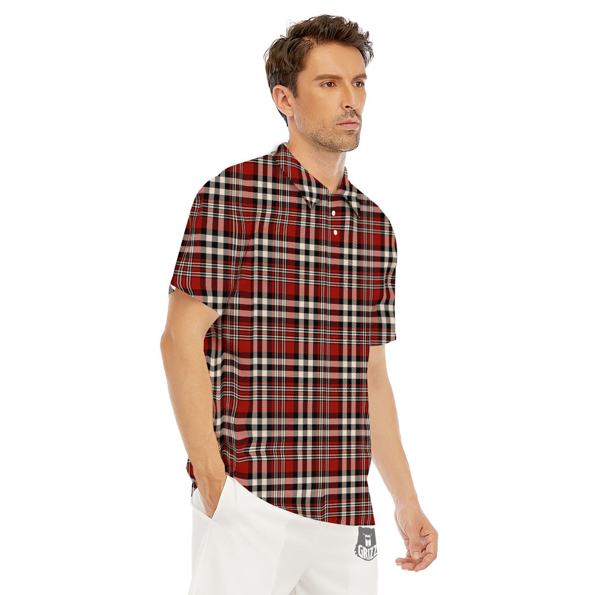 Border Tartan Red Black And White Print Pattern Men's Golf Shirts-grizzshop