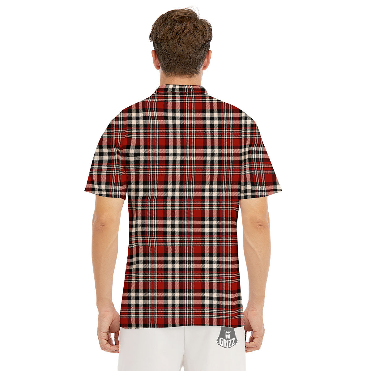 Border Tartan Red Black And White Print Pattern Men's Golf Shirts-grizzshop