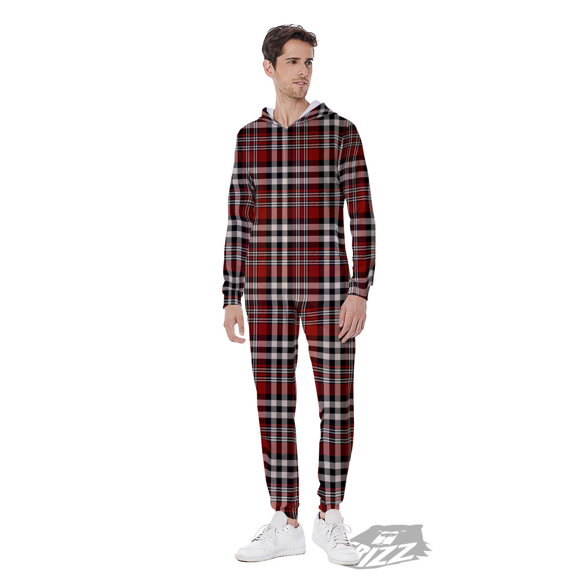 Border Tartan Red Black And White Print Pattern Men's Jumpsuit-grizzshop
