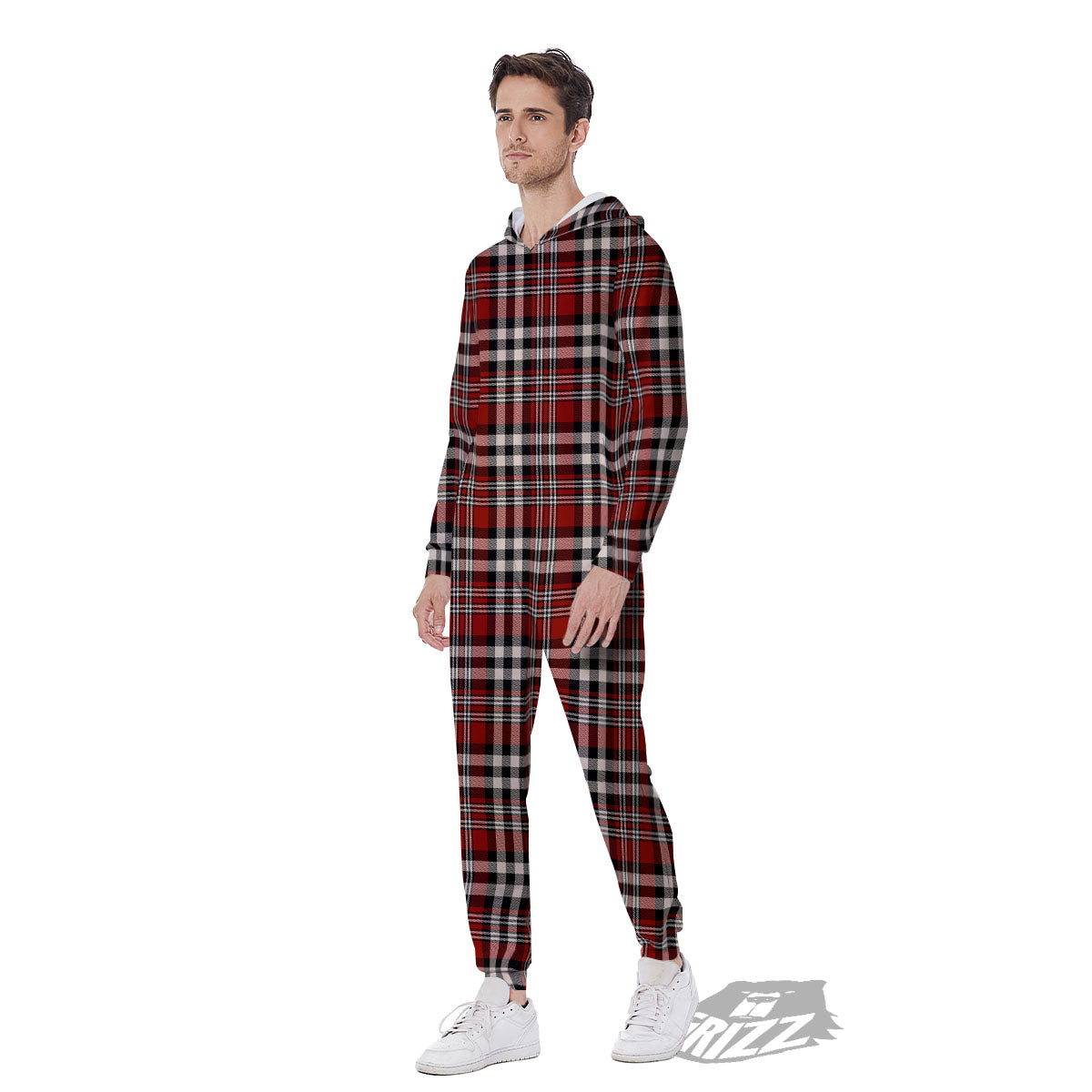 Border Tartan Red Black And White Print Pattern Men's Jumpsuit-grizzshop