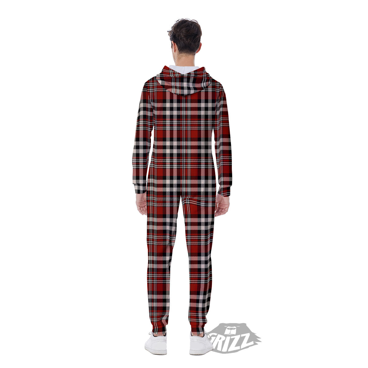 Border Tartan Red Black And White Print Pattern Men's Jumpsuit-grizzshop