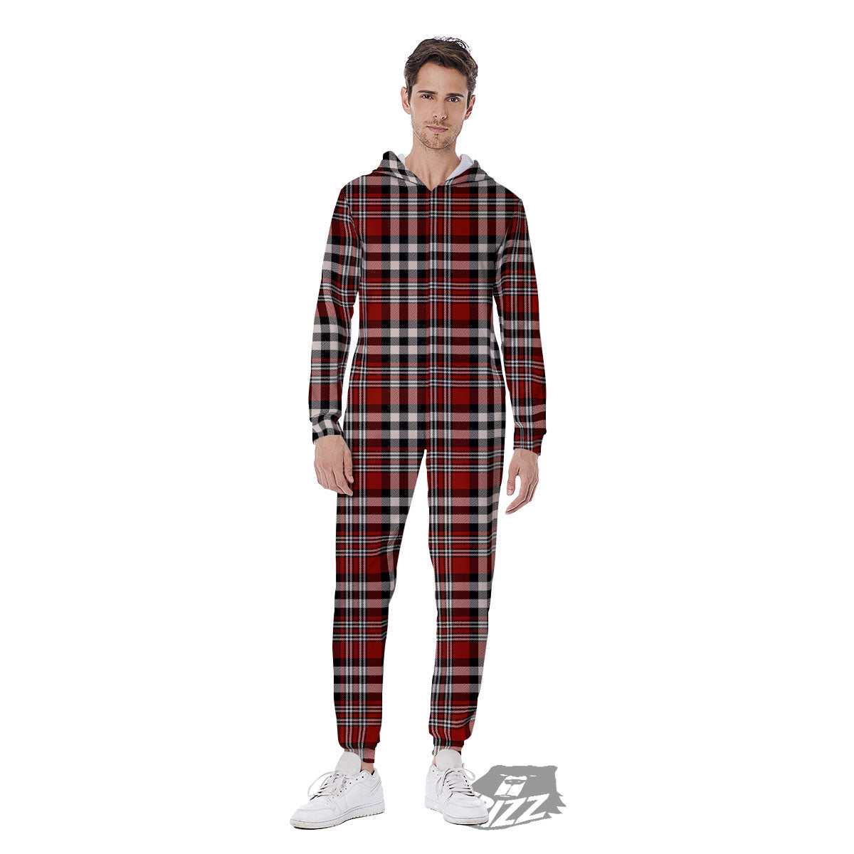 Border Tartan Red Black And White Print Pattern Men's Jumpsuit-grizzshop
