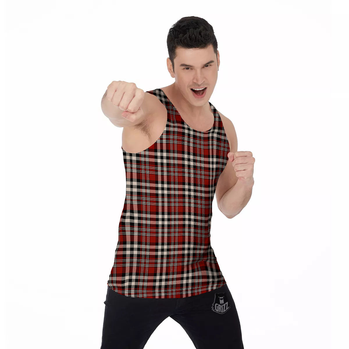 Border Tartan Red Black And White Print Pattern Men's Tank Top-grizzshop