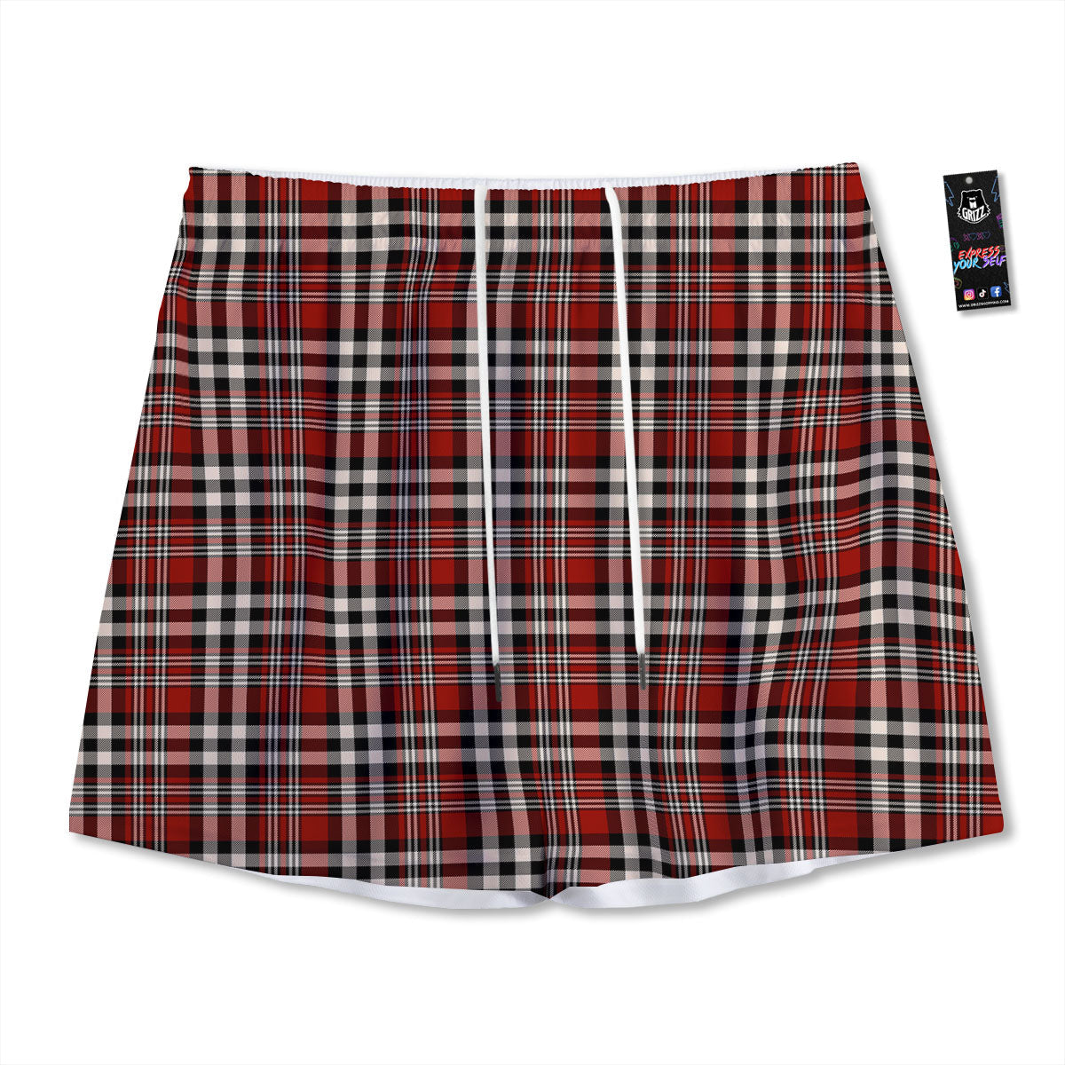Border Tartan Red Black And White Print Pattern Mesh Shorts