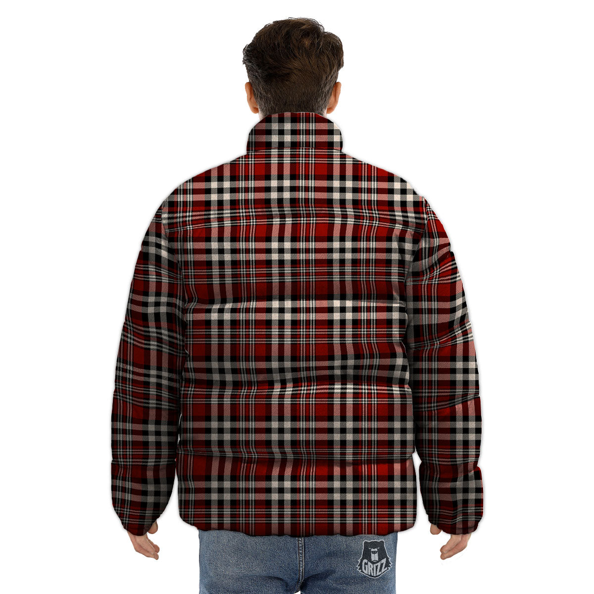 Border Tartan Red Black And White Print Pattern Puffer Jacket-grizzshop