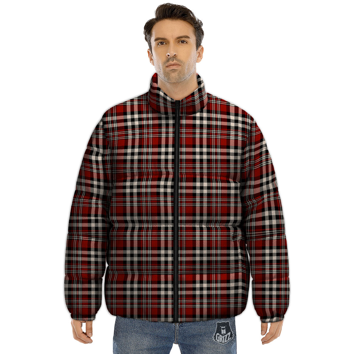 Border Tartan Red Black And White Print Pattern Puffer Jacket-grizzshop