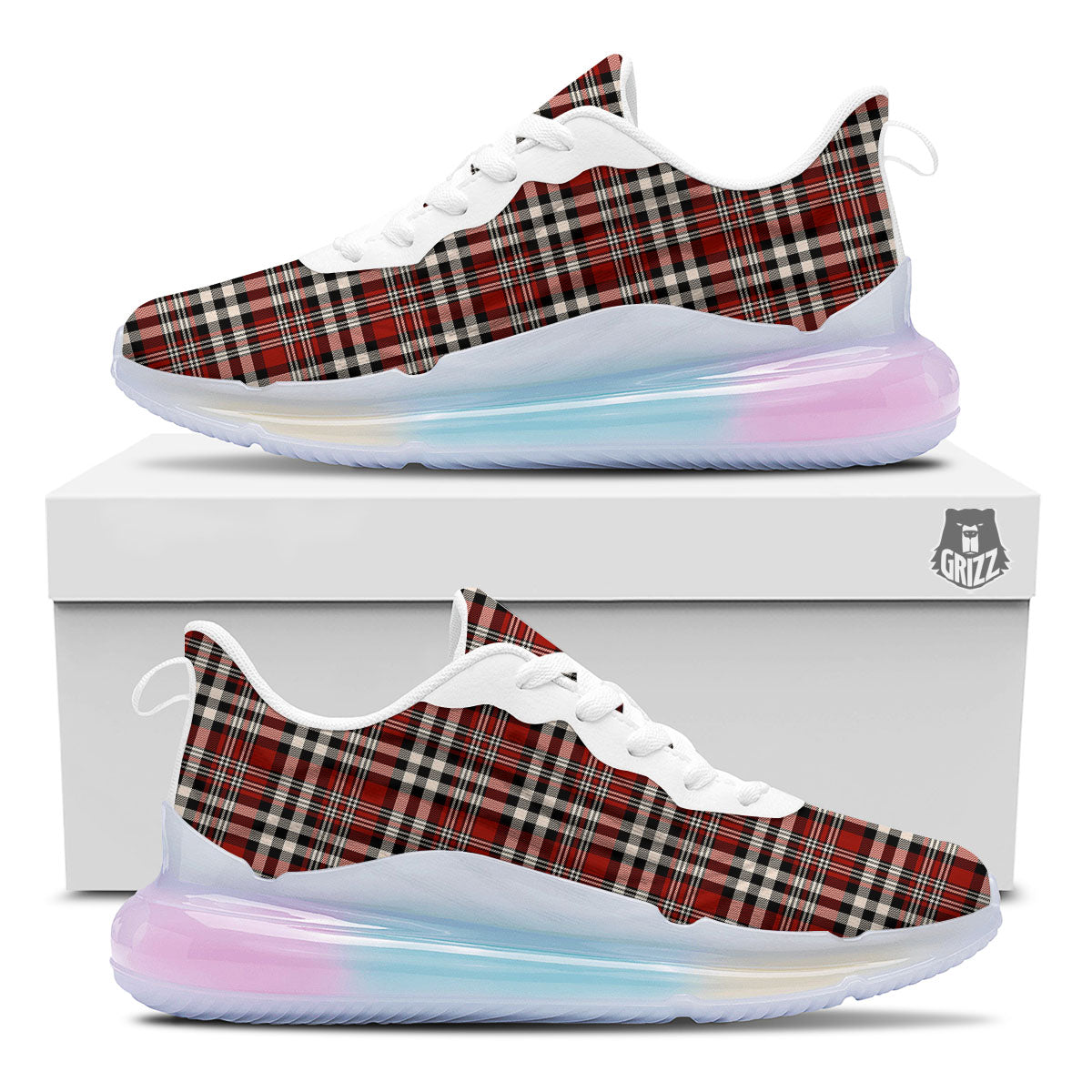 Border Tartan Red Black And White Print Pattern Running Sneakers-grizzshop
