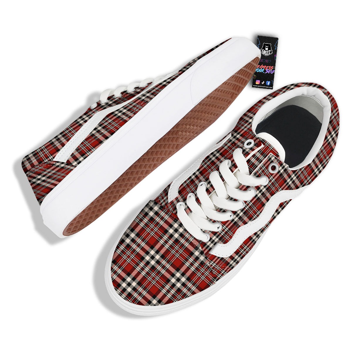 Border Tartan Red Black And White Print Pattern Skate Shoes-grizzshop