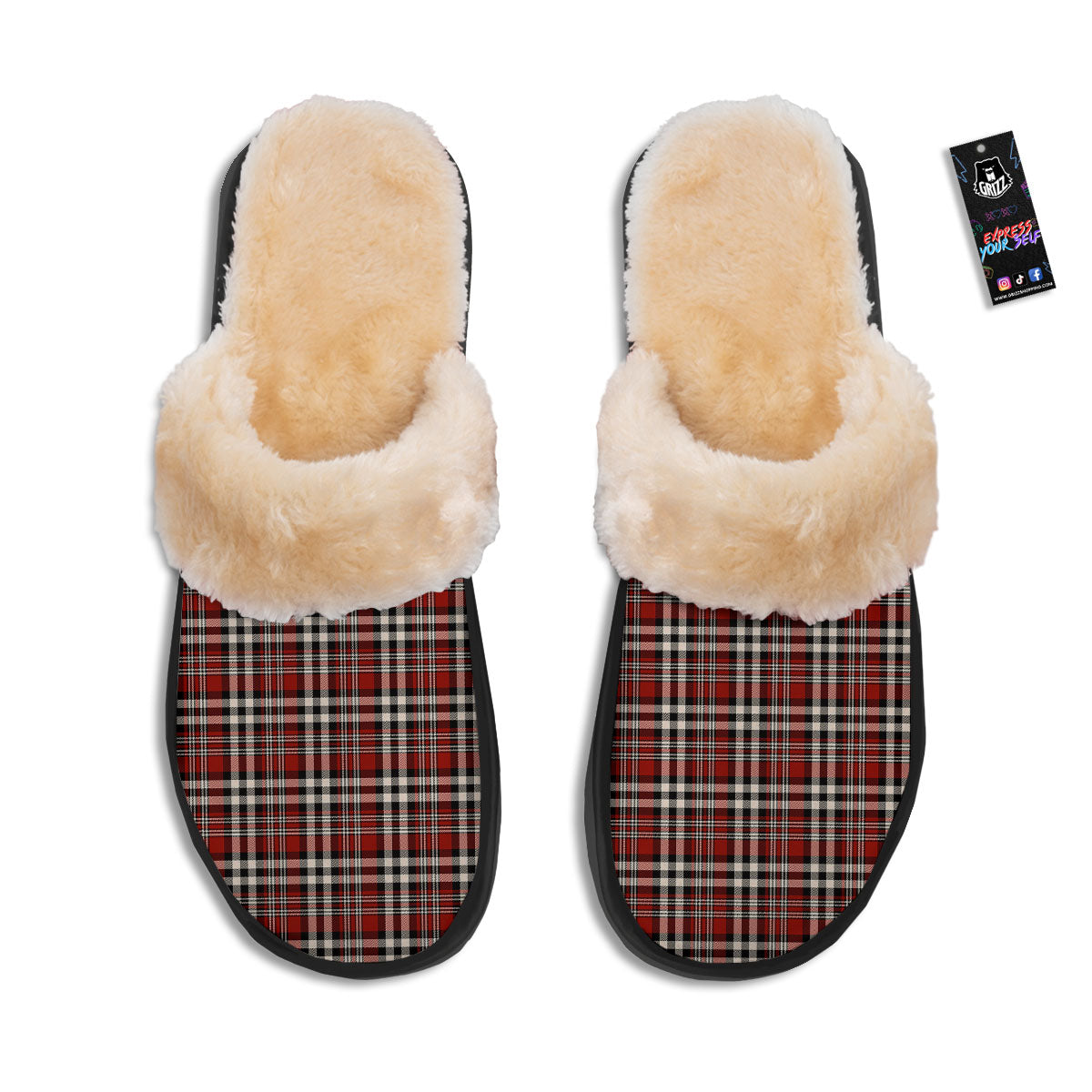Border Tartan Red Black And White Print Pattern Slippers-grizzshop