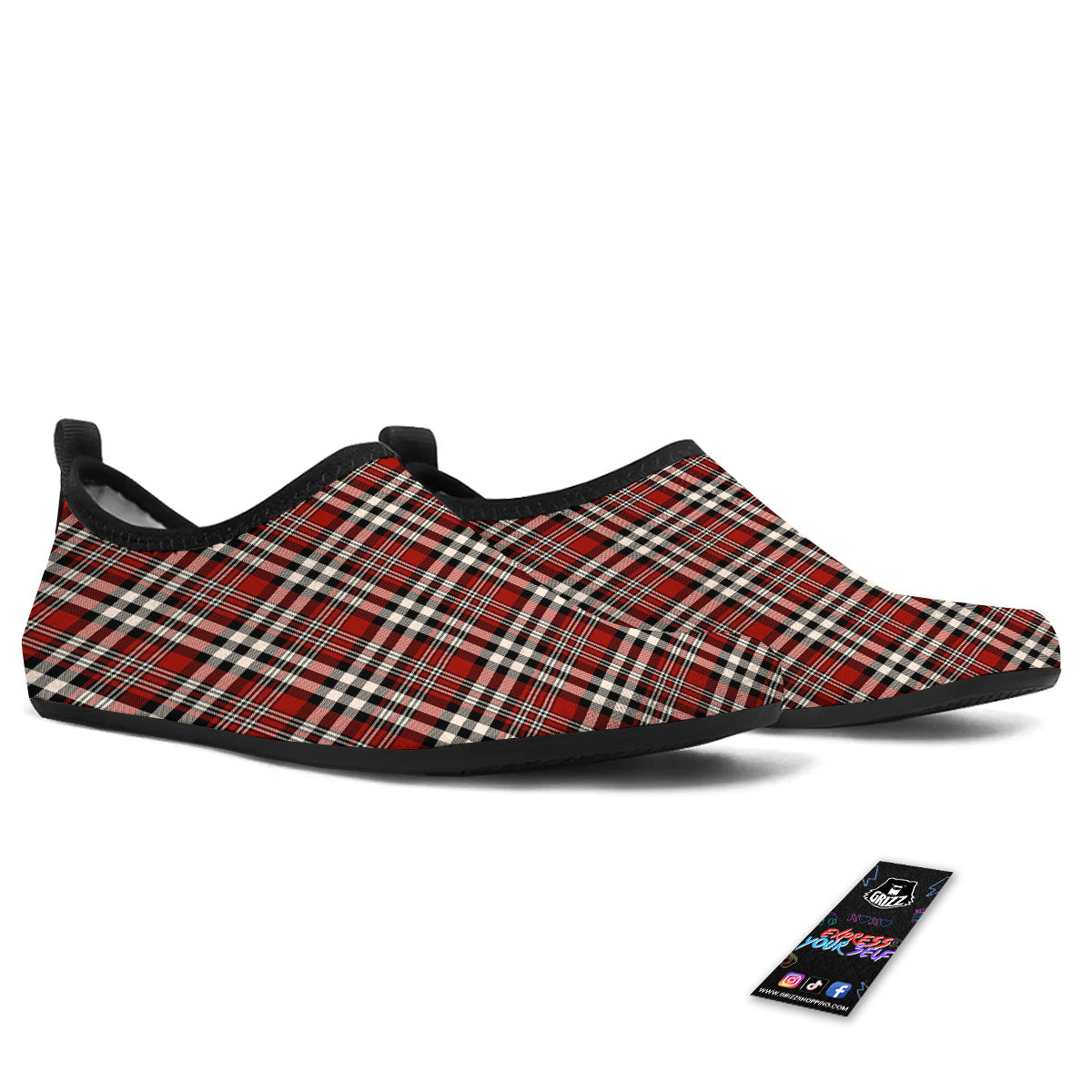 Border Tartan Red Black And White Print Pattern Water Shoes-grizzshop