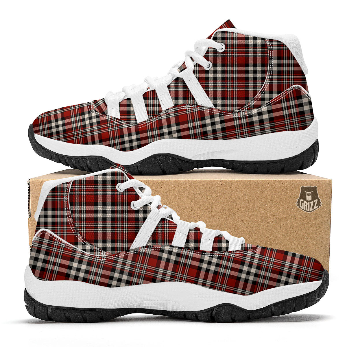 Border Tartan Red Black And White Print Pattern White Bball Shoes-grizzshop