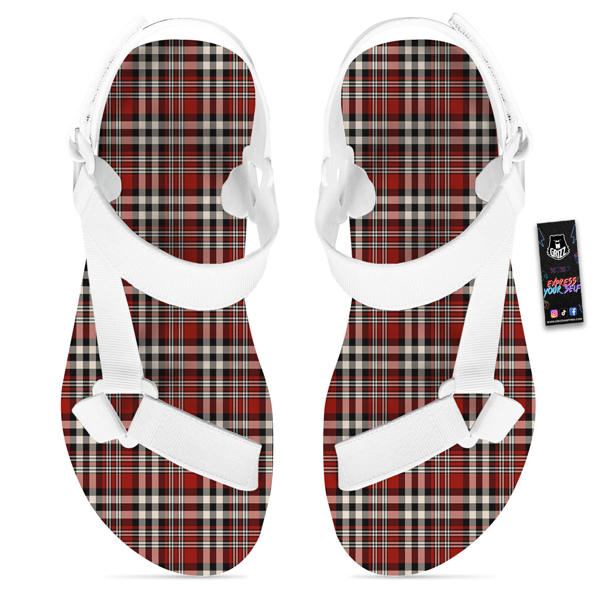 Border Tartan Red Black And White Print Pattern White Open Toe Sandals-grizzshop