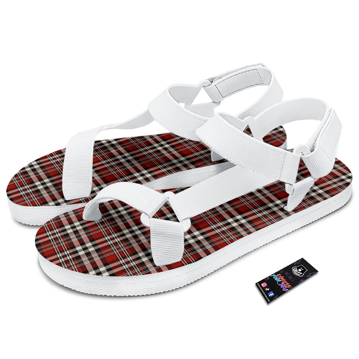 Border Tartan Red Black And White Print Pattern White Open Toe Sandals-grizzshop