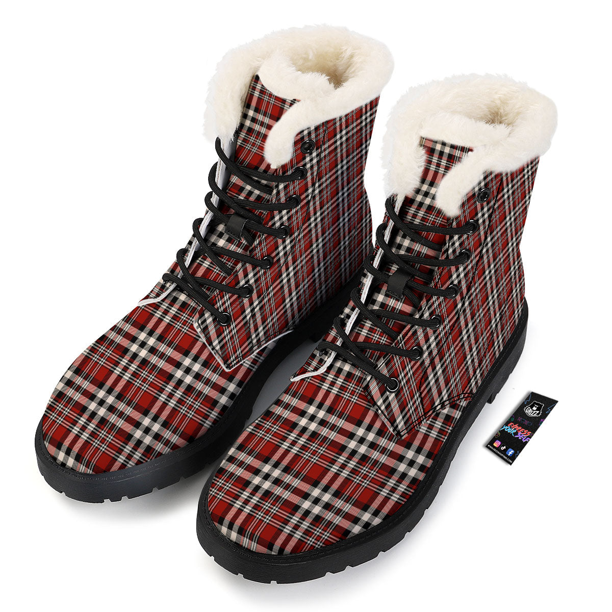 Border Tartan Red Black And White Print Pattern Winter Boots-grizzshop