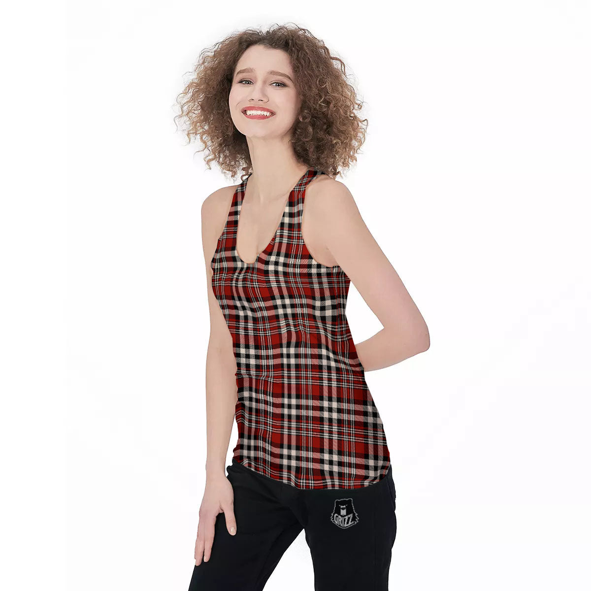 Border Tartan Red Black And White Print Pattern Women's Racerback Tank Top-grizzshop