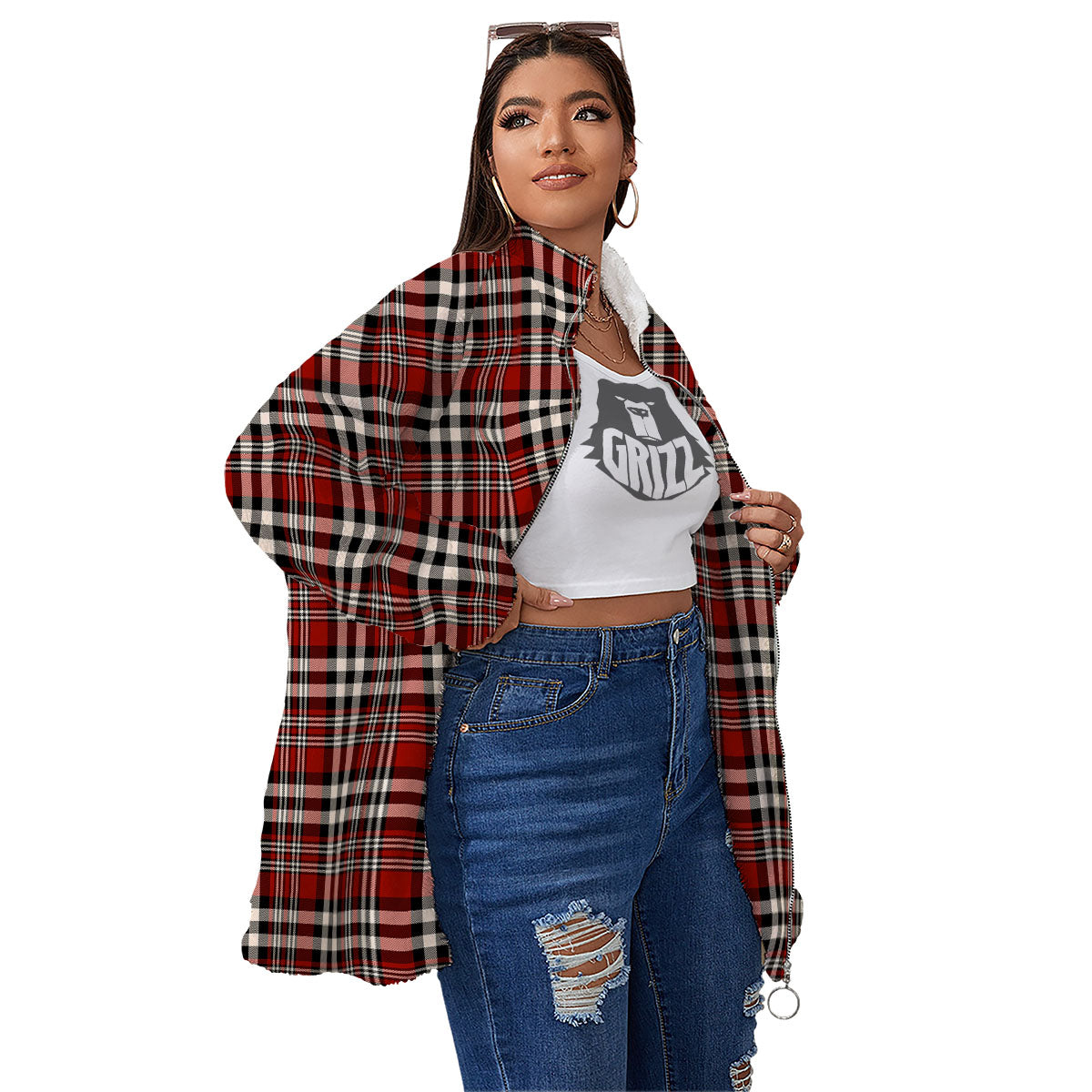 Border Tartan Red Black And White Print Pattern Women's Sherpa Jacket-grizzshop