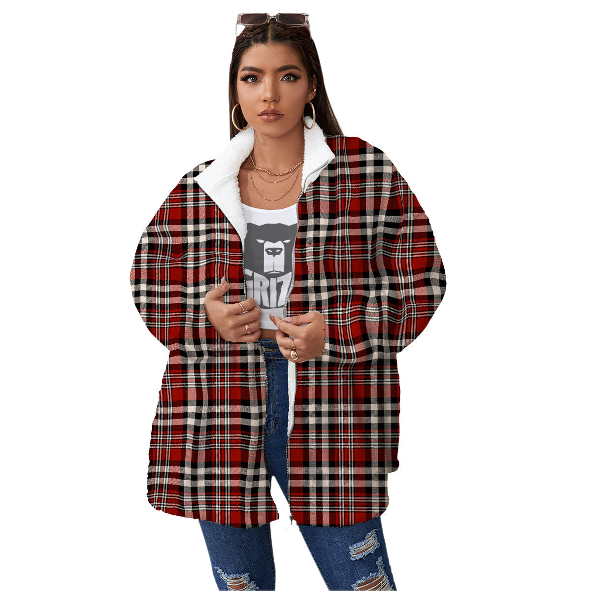 Border Tartan Red Black And White Print Pattern Women's Sherpa Jacket-grizzshop