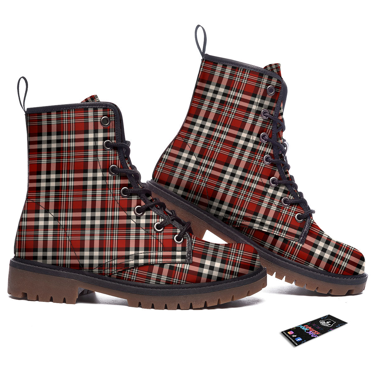 Border Tartan Red Black And White Print Pattern Work Boots-grizzshop