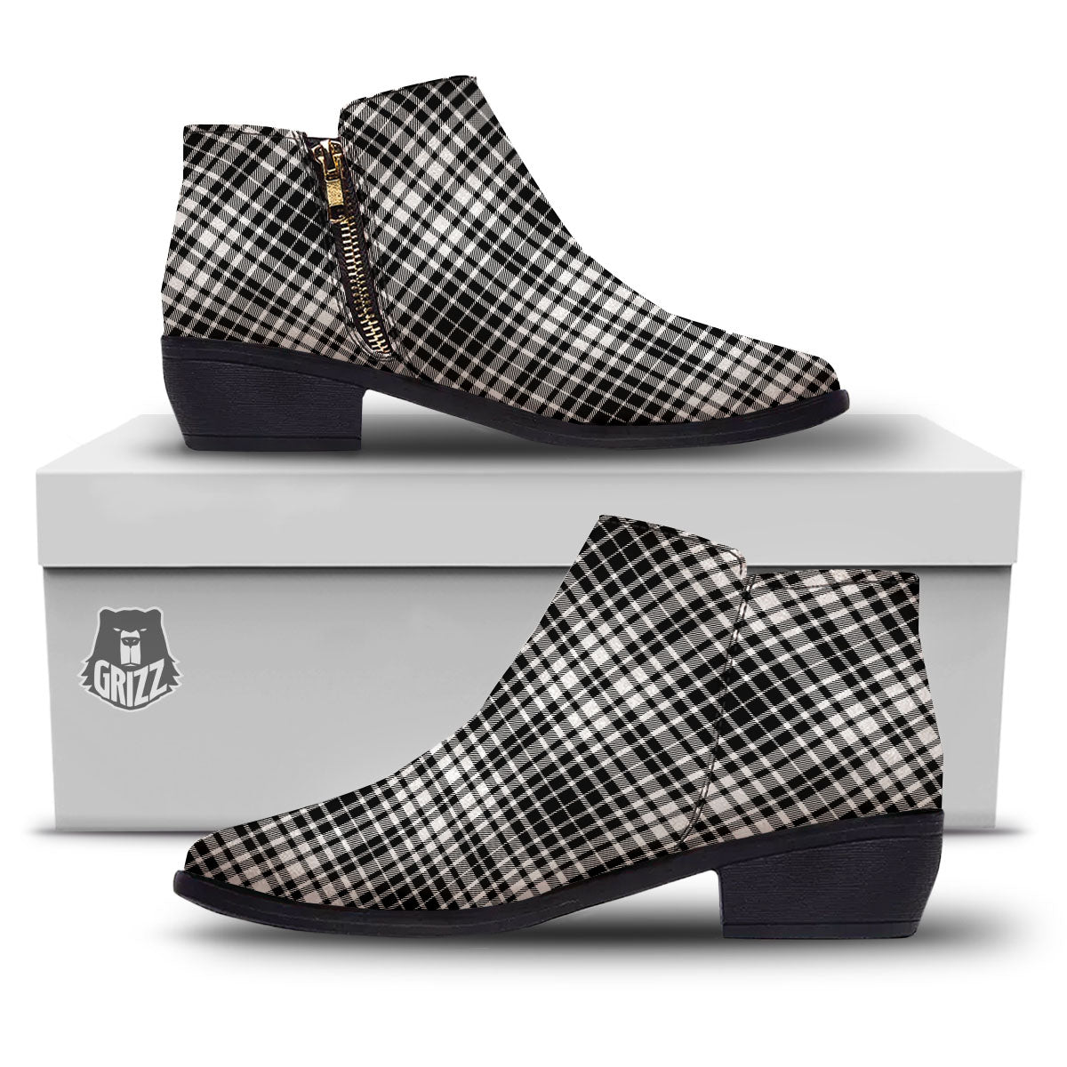 Border Tartan White And Black Print Ankle Boots-grizzshop