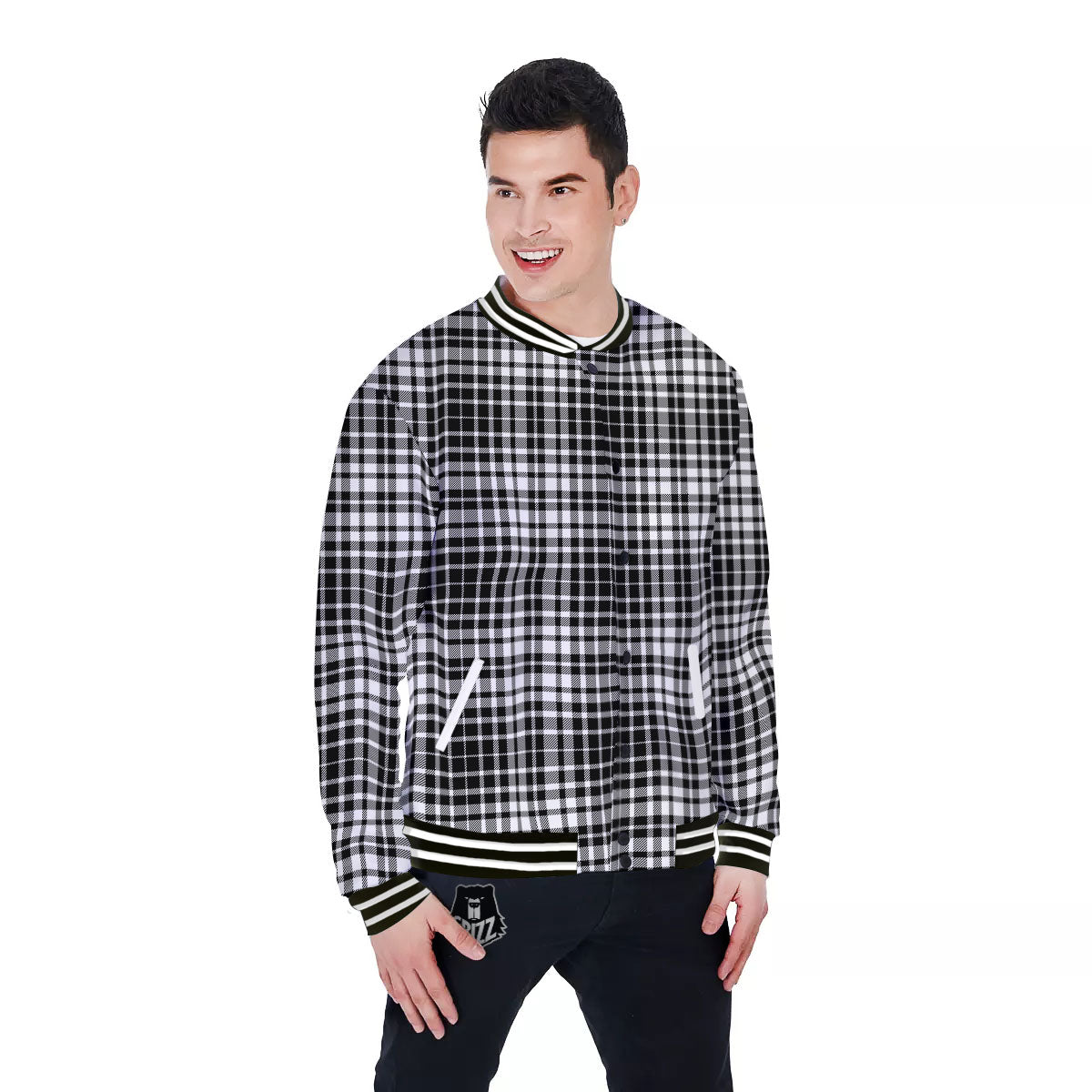 Border Tartan White And Black Print Baseball Jacket-grizzshop