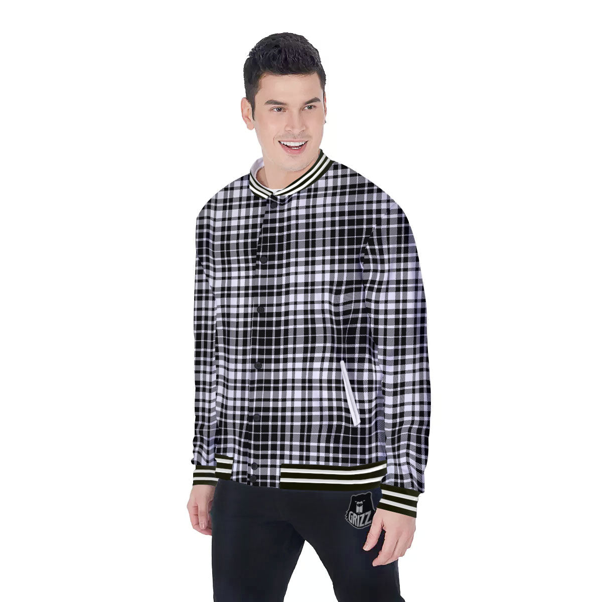 Border Tartan White And Black Print Baseball Jacket-grizzshop