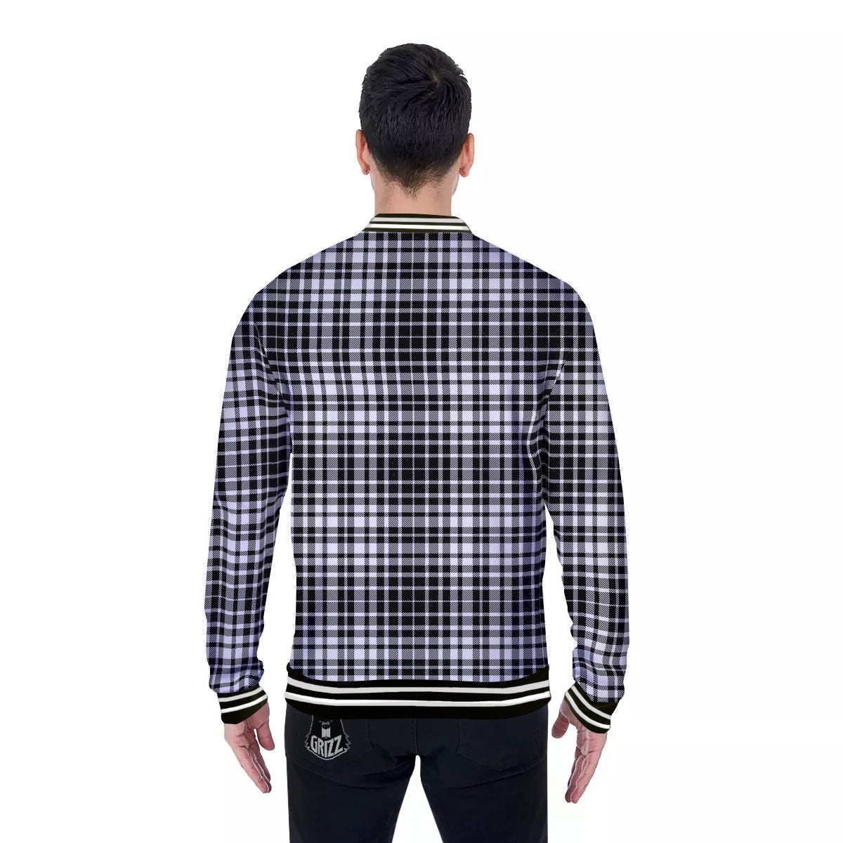 Border Tartan White And Black Print Baseball Jacket-grizzshop