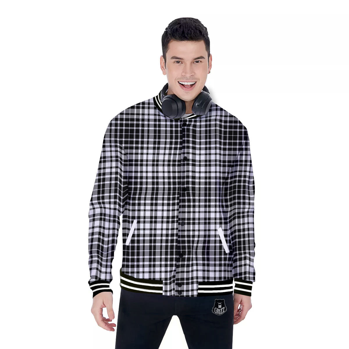 Border Tartan White And Black Print Baseball Jacket-grizzshop
