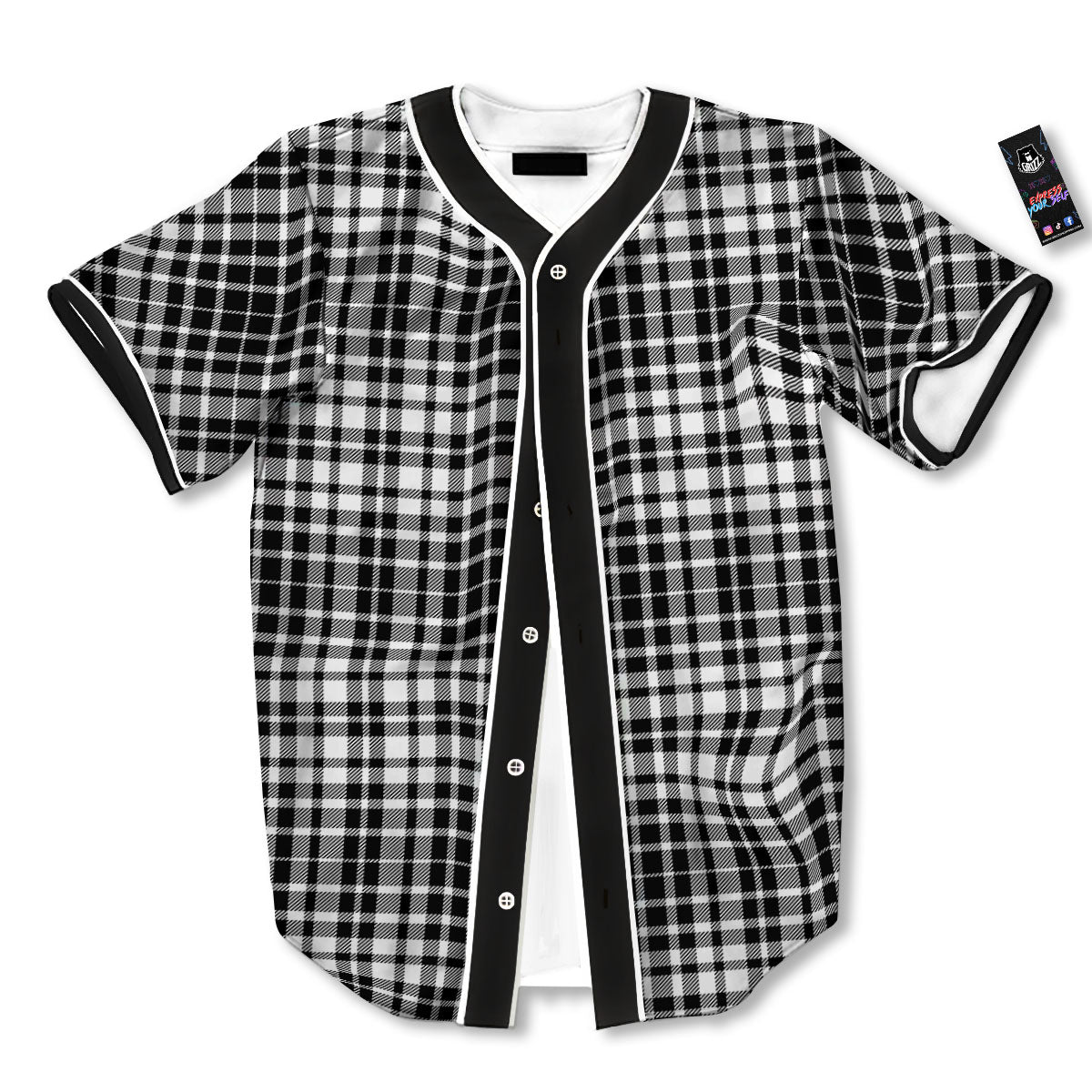 Border Tartan White And Black Print Baseball Jersey-grizzshop